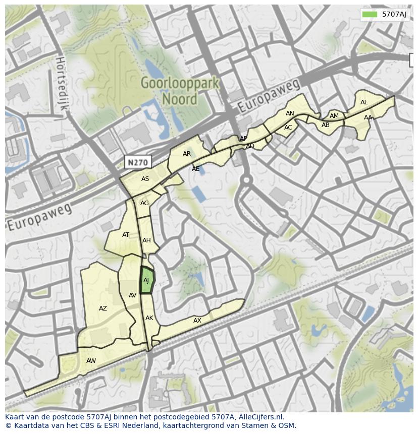 Afbeelding van het postcodegebied 5707 AJ op de kaart.