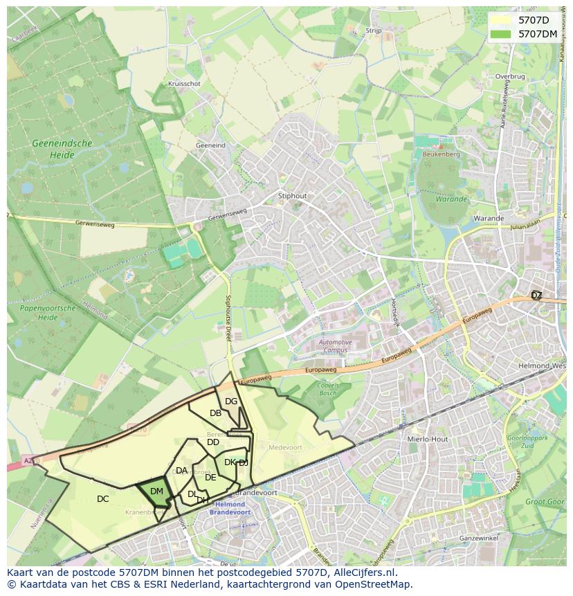 Afbeelding van het postcodegebied 5707 DM op de kaart.