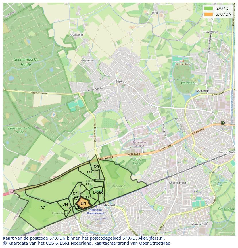 Afbeelding van het postcodegebied 5707 DN op de kaart.