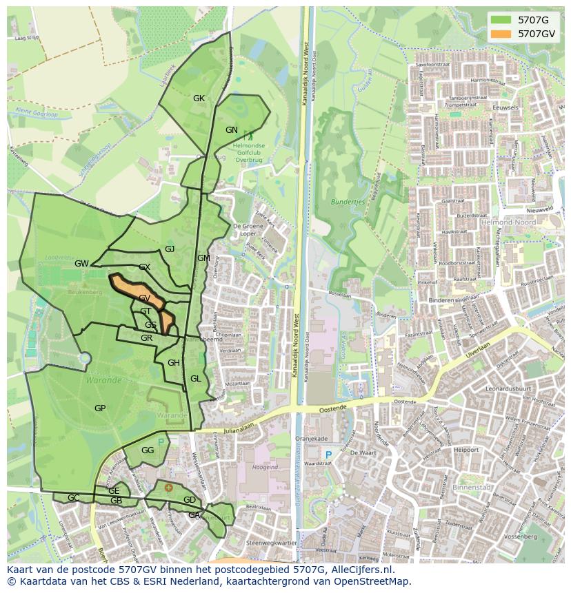 Afbeelding van het postcodegebied 5707 GV op de kaart.