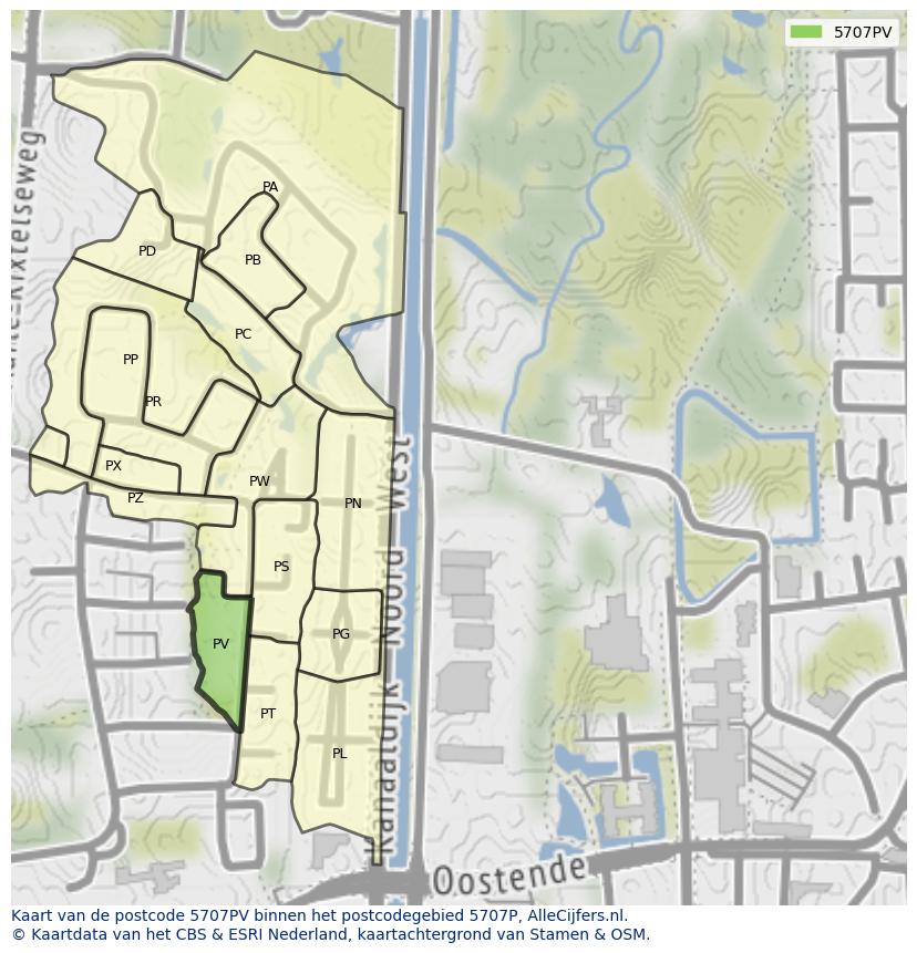 Afbeelding van het postcodegebied 5707 PV op de kaart.