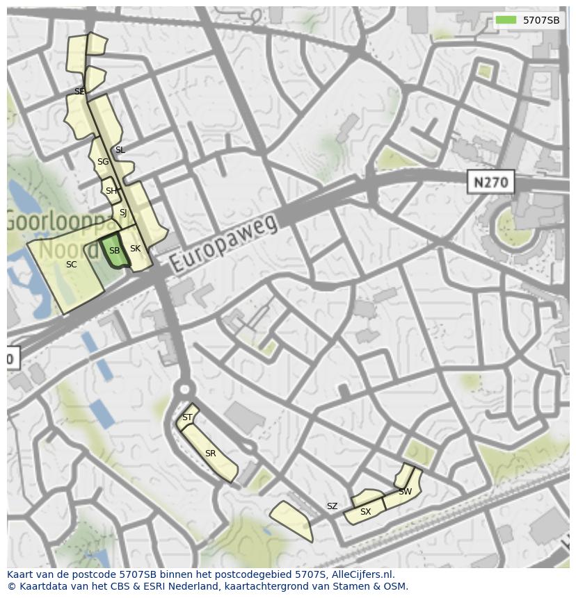 Afbeelding van het postcodegebied 5707 SB op de kaart.
