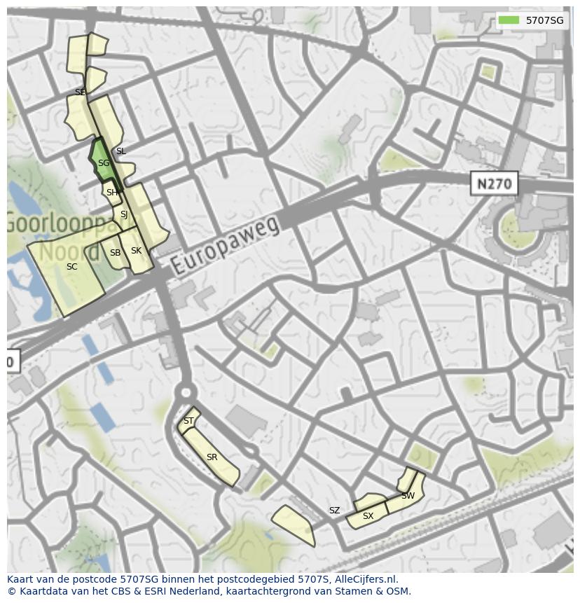 Afbeelding van het postcodegebied 5707 SG op de kaart.