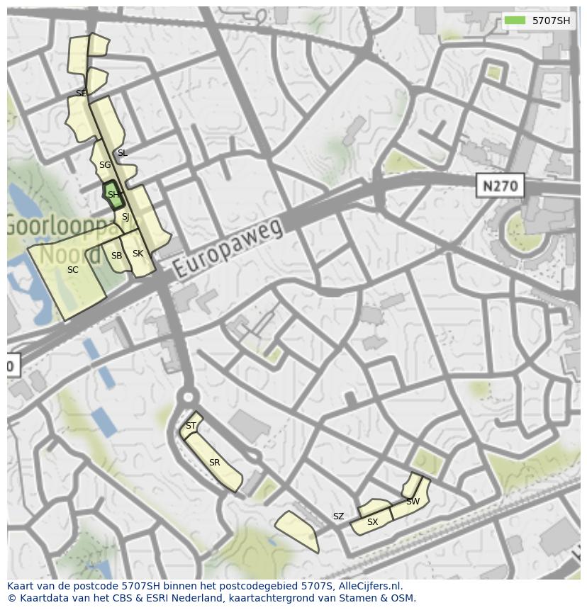 Afbeelding van het postcodegebied 5707 SH op de kaart.