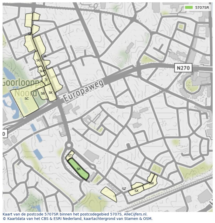 Afbeelding van het postcodegebied 5707 SR op de kaart.