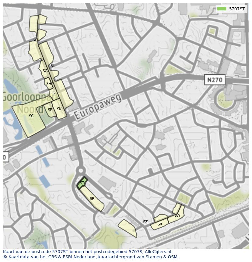 Afbeelding van het postcodegebied 5707 ST op de kaart.