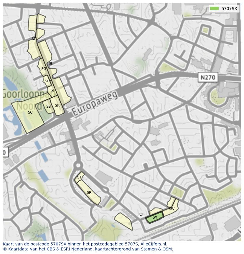 Afbeelding van het postcodegebied 5707 SX op de kaart.