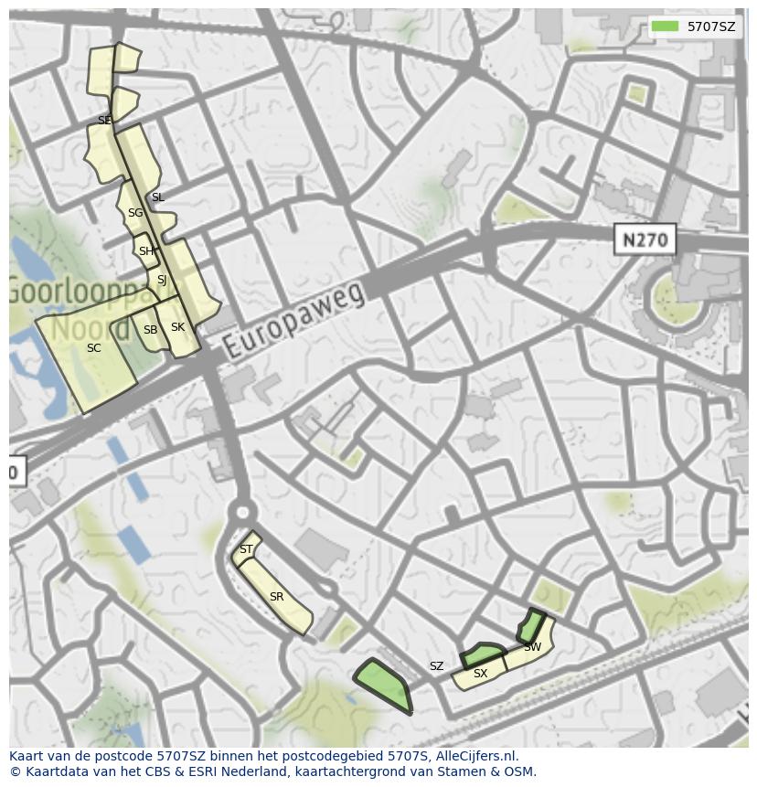 Afbeelding van het postcodegebied 5707 SZ op de kaart.