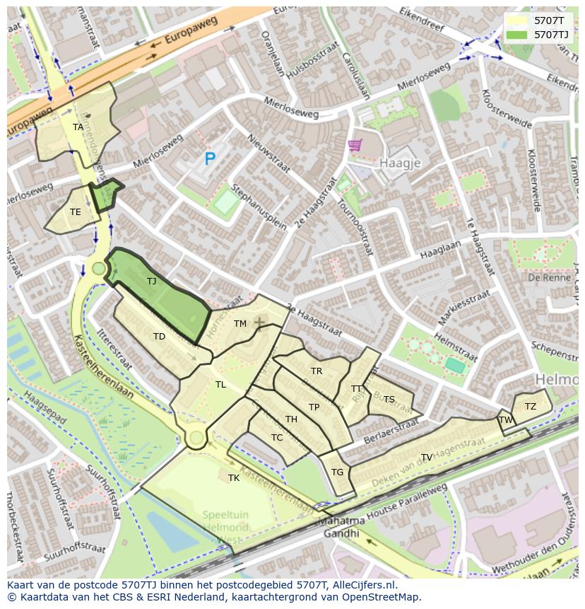 Afbeelding van het postcodegebied 5707 TJ op de kaart.