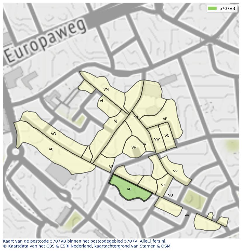 Afbeelding van het postcodegebied 5707 VB op de kaart.
