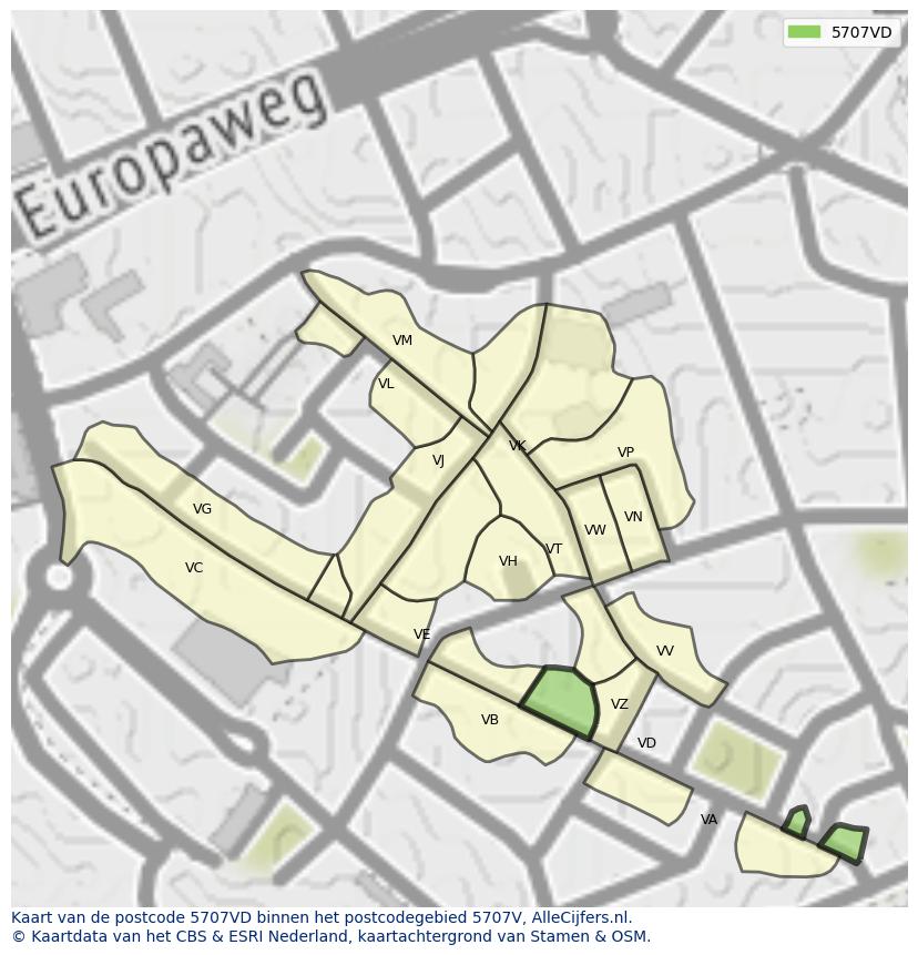 Afbeelding van het postcodegebied 5707 VD op de kaart.