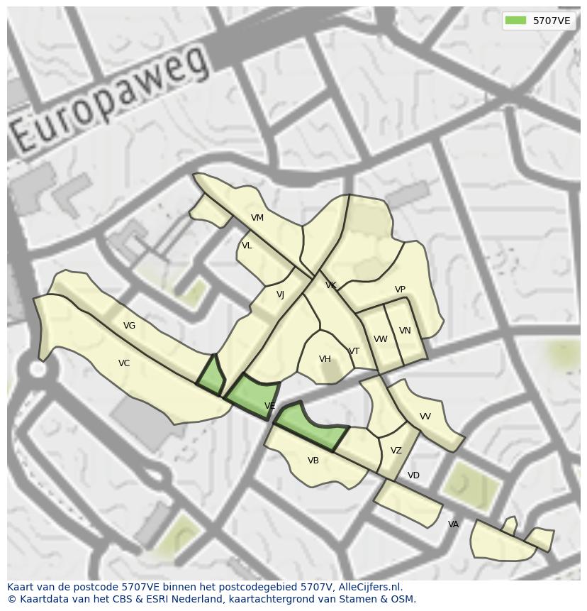Afbeelding van het postcodegebied 5707 VE op de kaart.