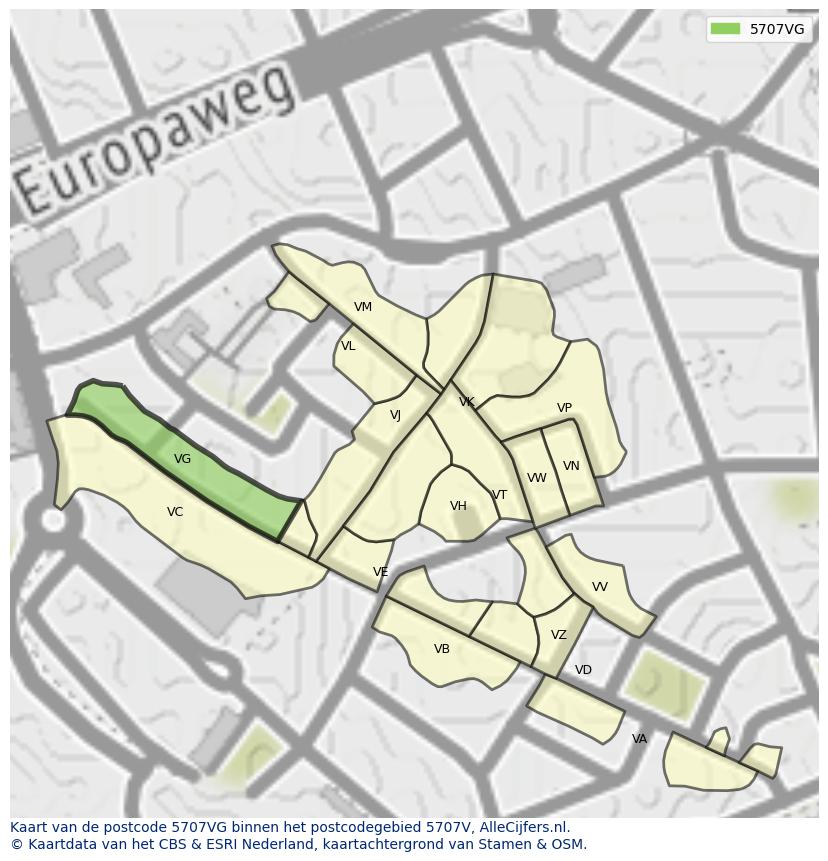 Afbeelding van het postcodegebied 5707 VG op de kaart.