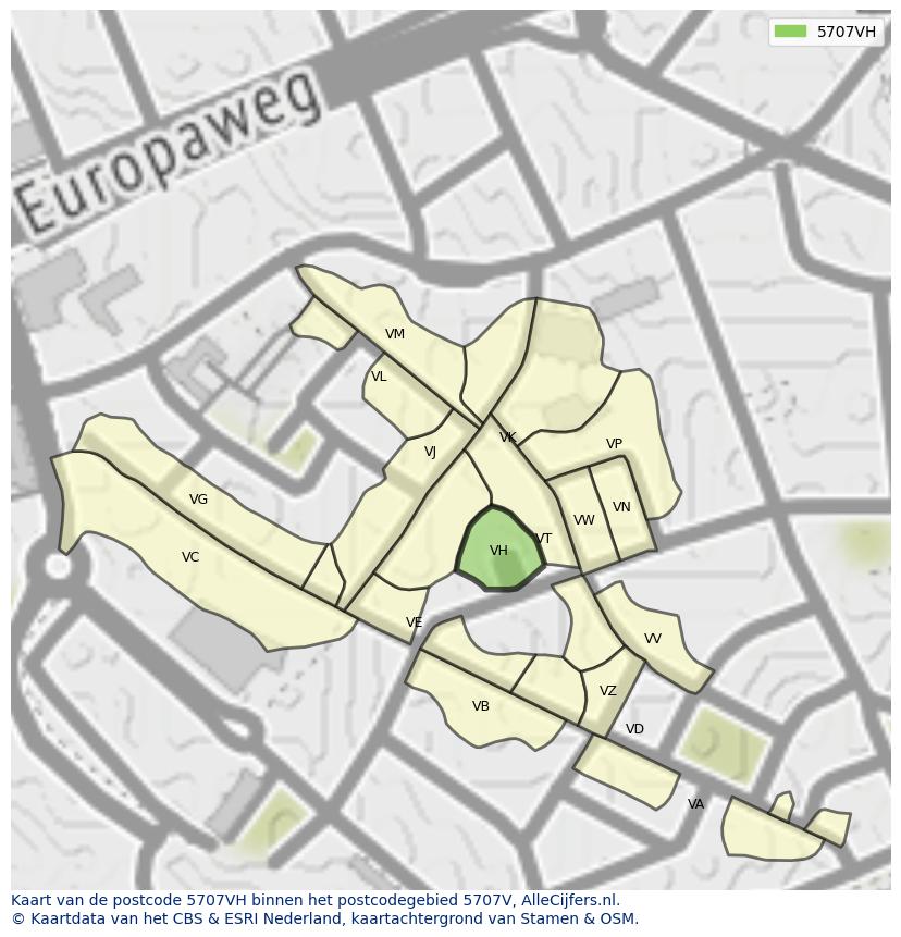 Afbeelding van het postcodegebied 5707 VH op de kaart.