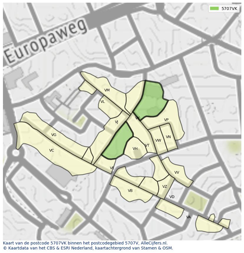 Afbeelding van het postcodegebied 5707 VK op de kaart.