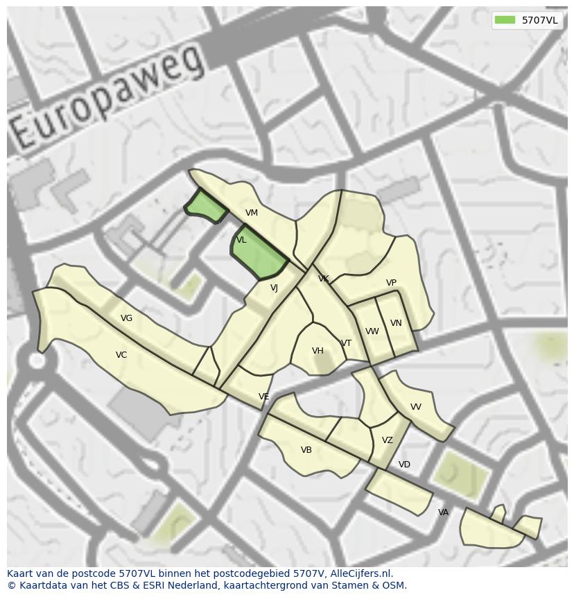 Afbeelding van het postcodegebied 5707 VL op de kaart.