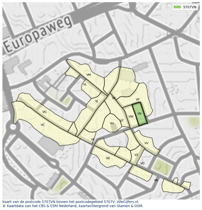 Afbeelding van het postcodegebied 5707 VN op de kaart.