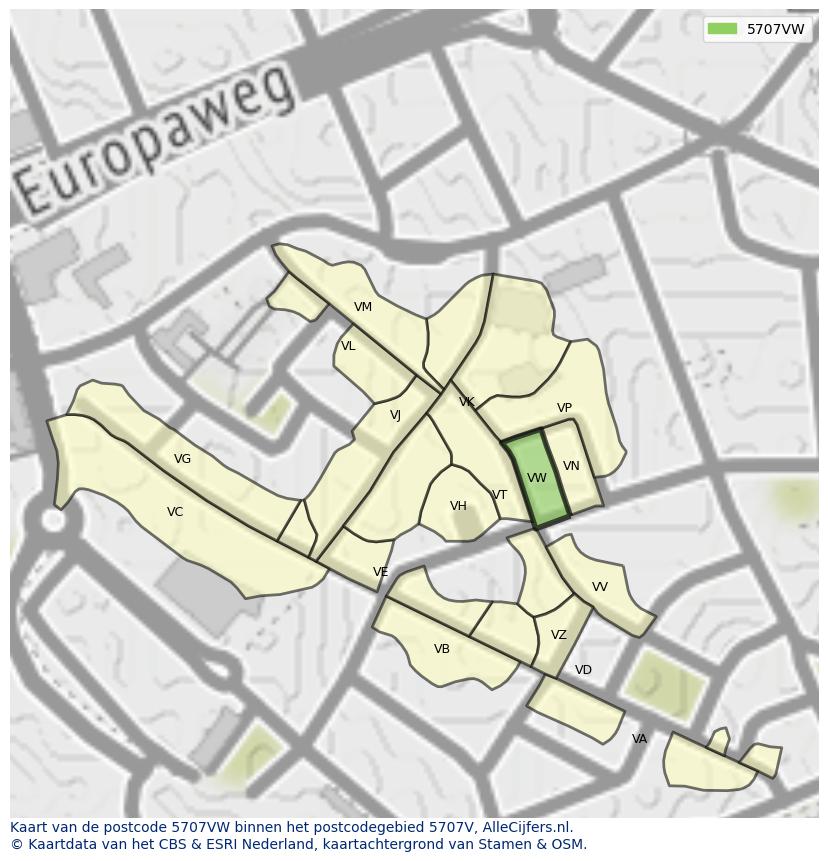 Afbeelding van het postcodegebied 5707 VW op de kaart.