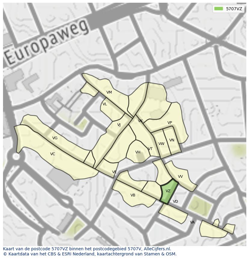 Afbeelding van het postcodegebied 5707 VZ op de kaart.