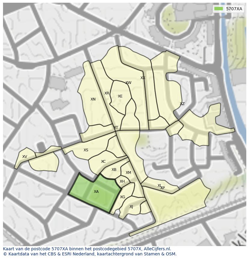 Afbeelding van het postcodegebied 5707 XA op de kaart.