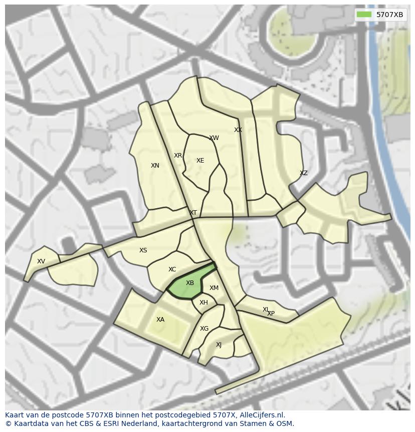 Afbeelding van het postcodegebied 5707 XB op de kaart.