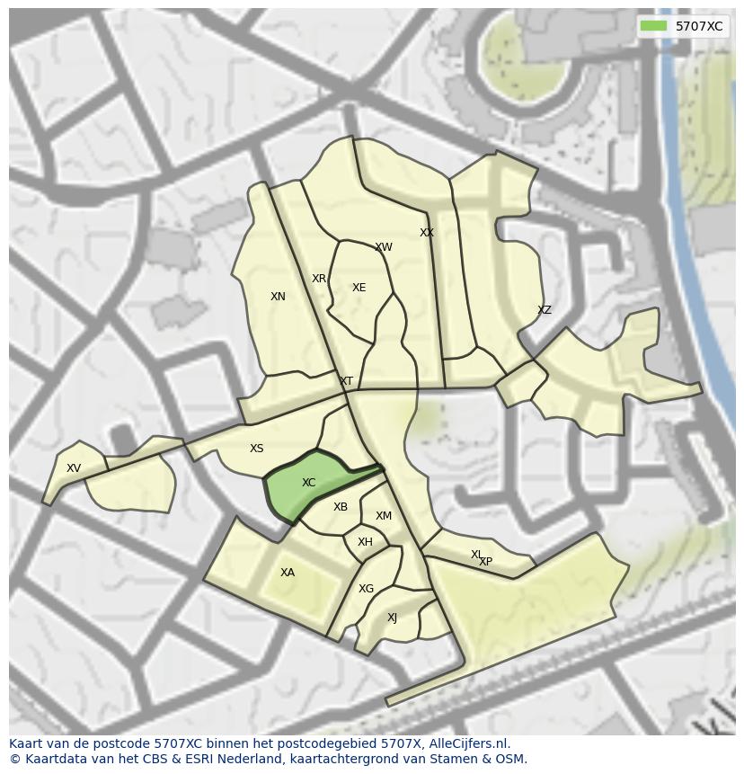 Afbeelding van het postcodegebied 5707 XC op de kaart.