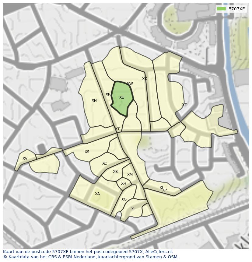 Afbeelding van het postcodegebied 5707 XE op de kaart.