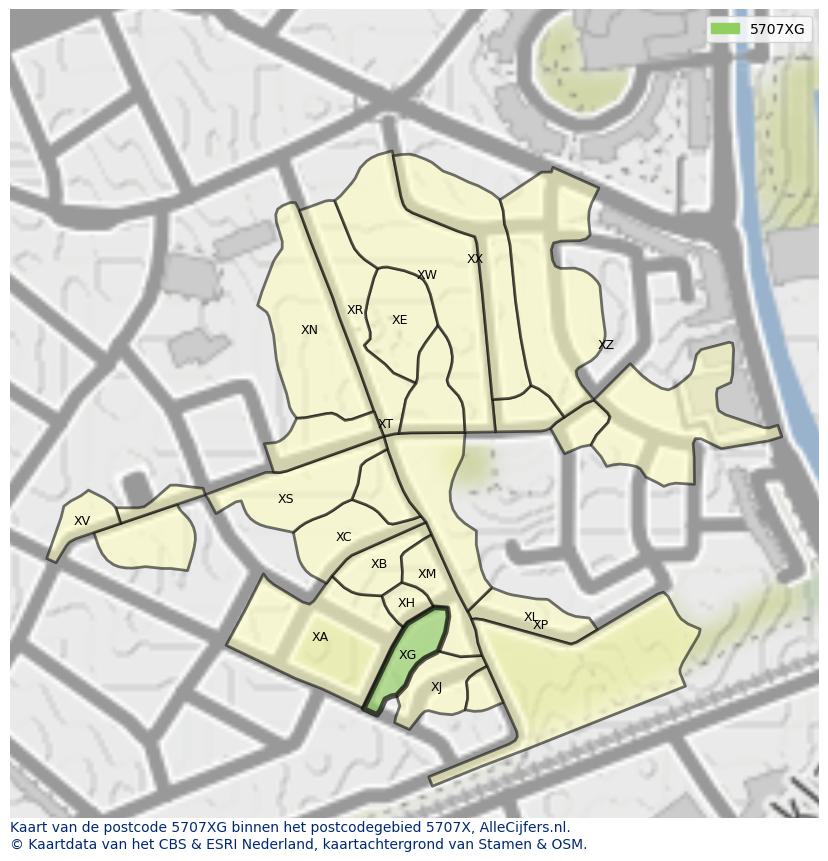 Afbeelding van het postcodegebied 5707 XG op de kaart.
