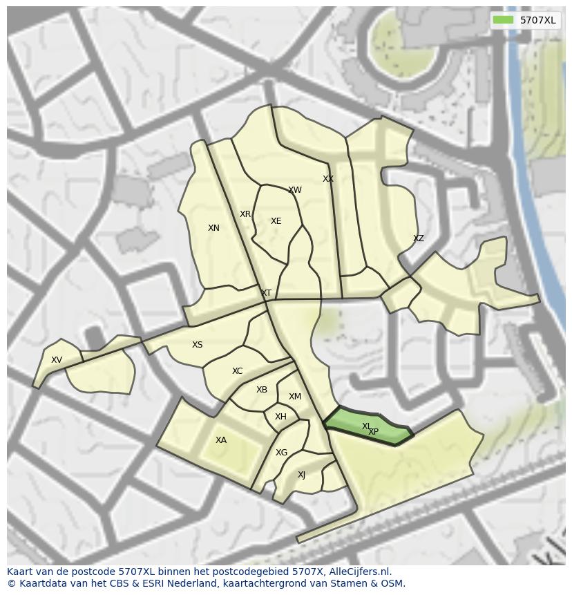 Afbeelding van het postcodegebied 5707 XL op de kaart.