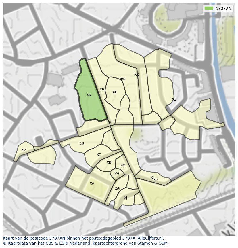 Afbeelding van het postcodegebied 5707 XN op de kaart.