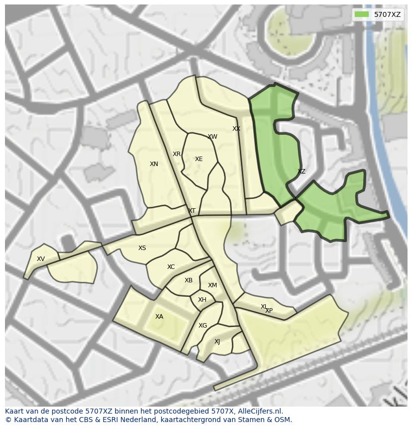 Afbeelding van het postcodegebied 5707 XZ op de kaart.