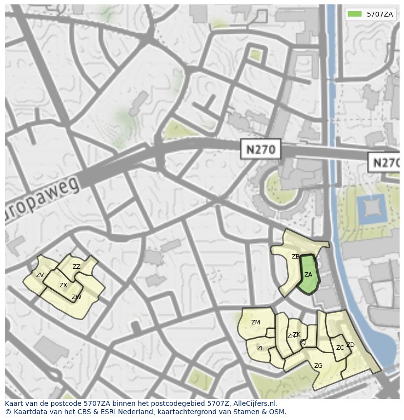Afbeelding van het postcodegebied 5707 ZA op de kaart.