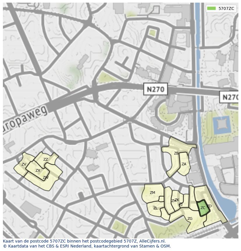 Afbeelding van het postcodegebied 5707 ZC op de kaart.