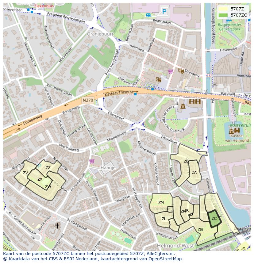 Afbeelding van het postcodegebied 5707 ZC op de kaart.