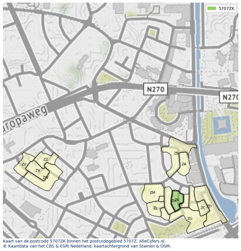 Afbeelding van het postcodegebied 5707 ZK op de kaart.