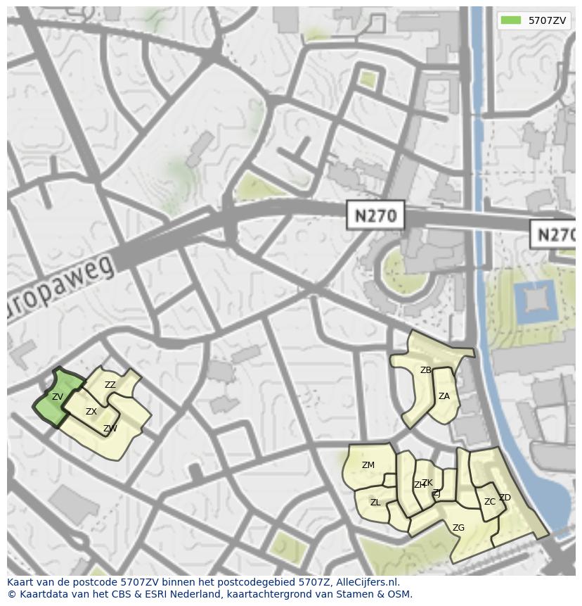 Afbeelding van het postcodegebied 5707 ZV op de kaart.