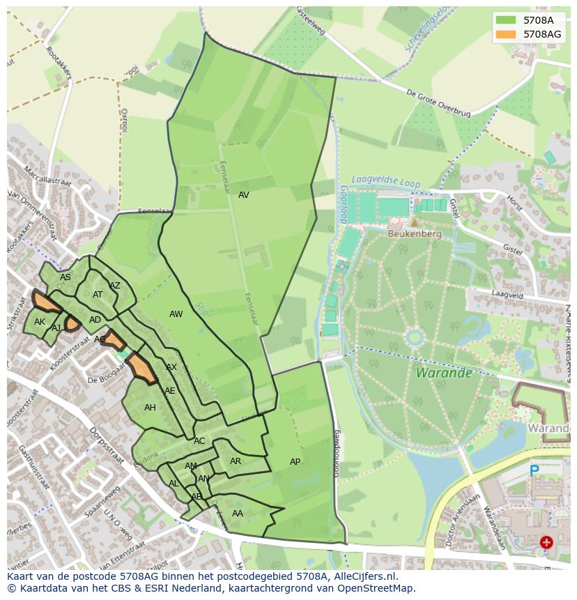 Afbeelding van het postcodegebied 5708 AG op de kaart.