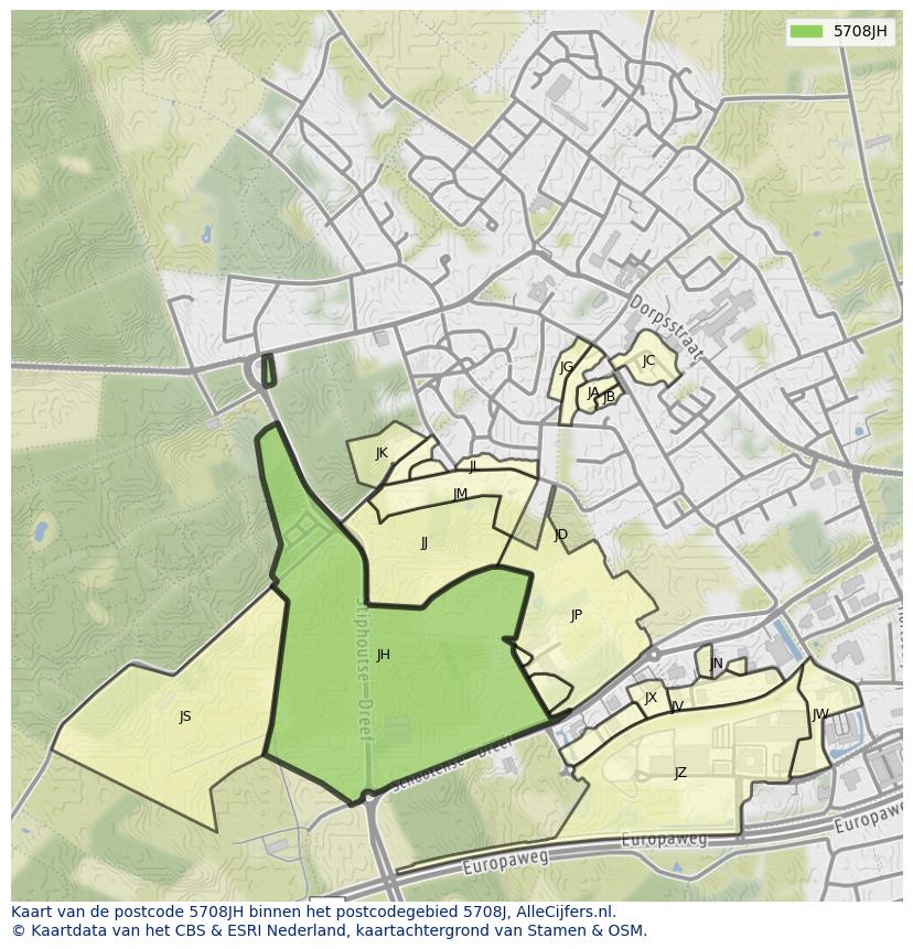 Afbeelding van het postcodegebied 5708 JH op de kaart.