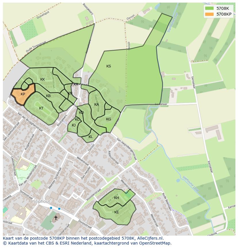 Afbeelding van het postcodegebied 5708 KP op de kaart.
