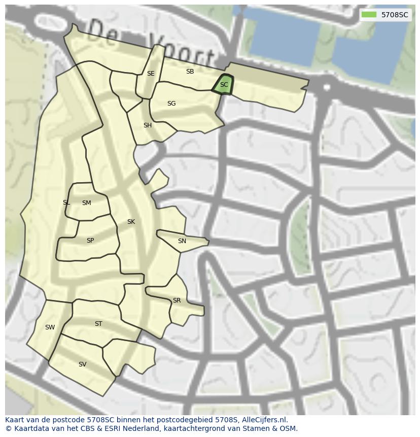 Afbeelding van het postcodegebied 5708 SC op de kaart.