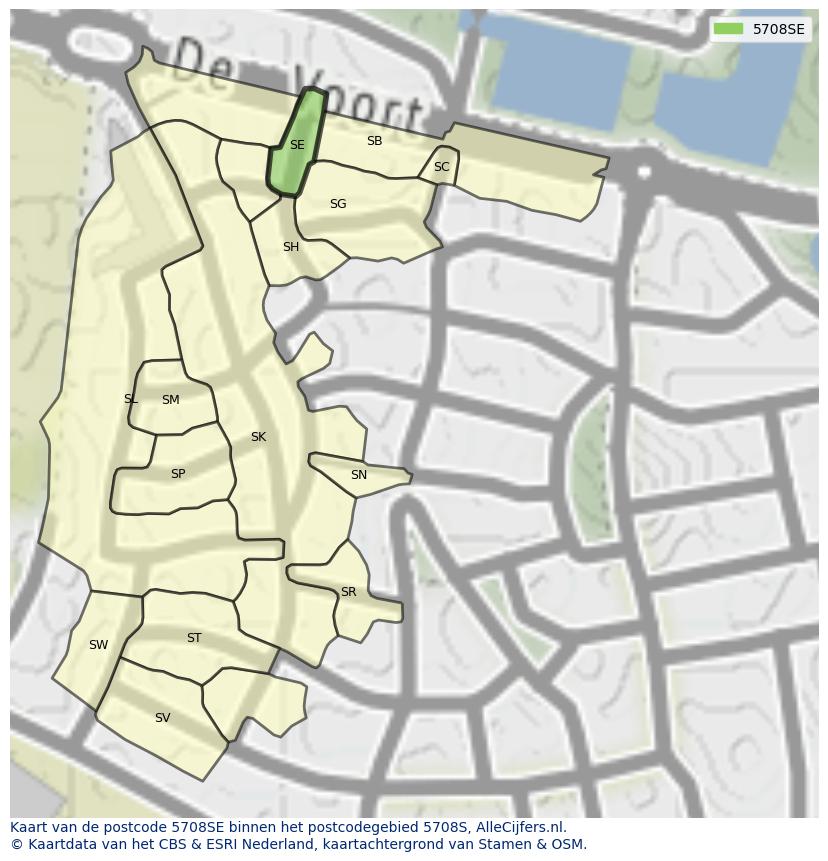 Afbeelding van het postcodegebied 5708 SE op de kaart.
