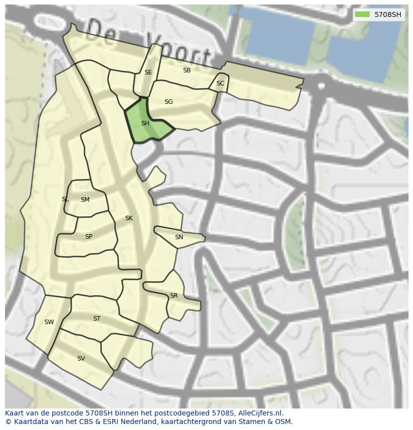 Afbeelding van het postcodegebied 5708 SH op de kaart.