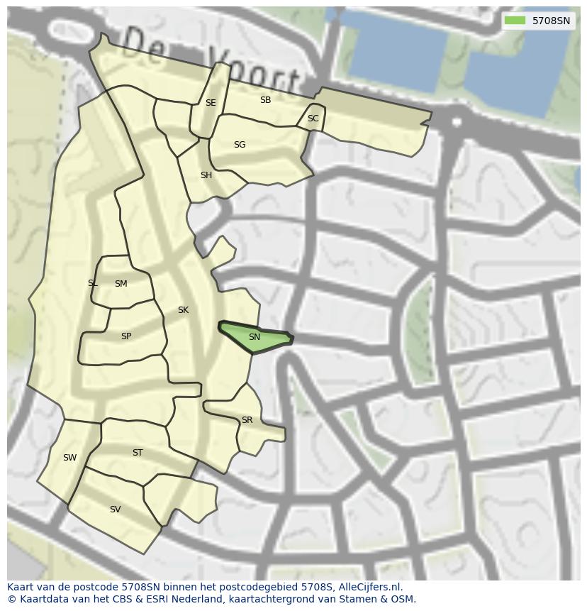 Afbeelding van het postcodegebied 5708 SN op de kaart.