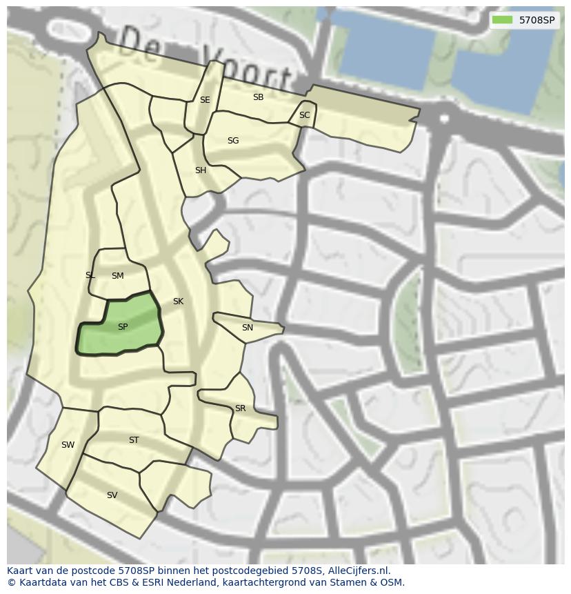 Afbeelding van het postcodegebied 5708 SP op de kaart.