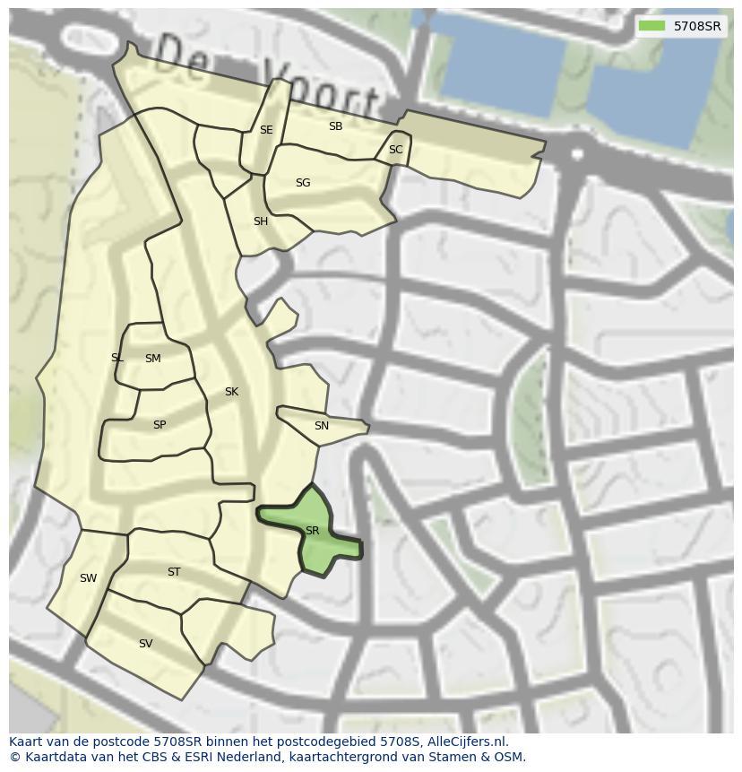 Afbeelding van het postcodegebied 5708 SR op de kaart.