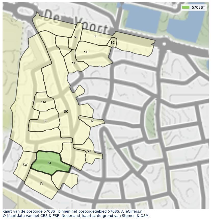 Afbeelding van het postcodegebied 5708 ST op de kaart.