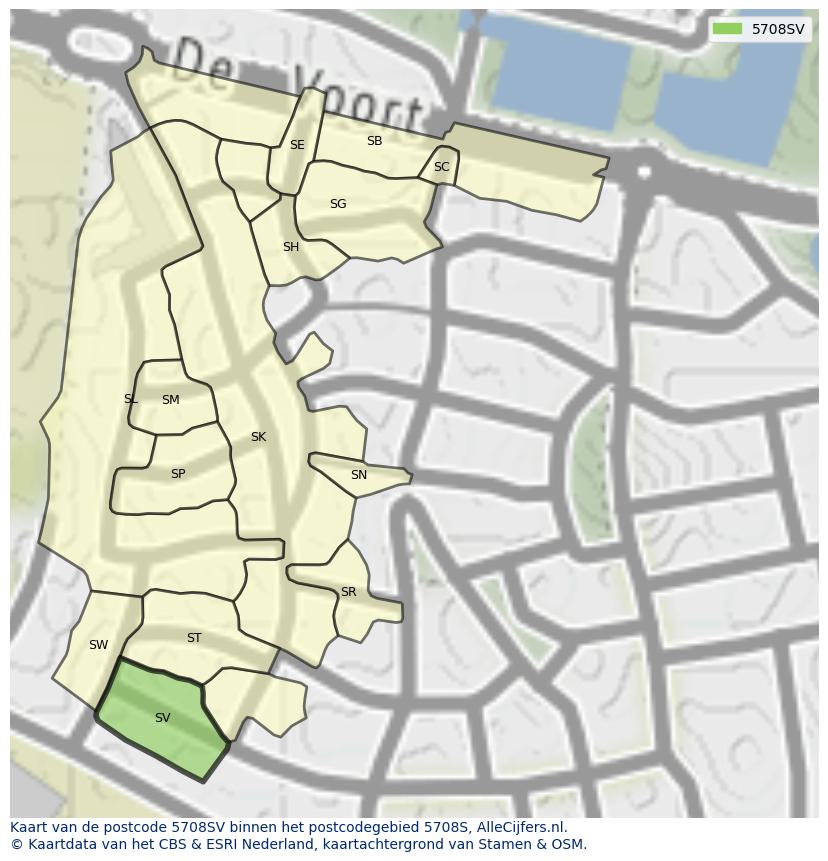 Afbeelding van het postcodegebied 5708 SV op de kaart.