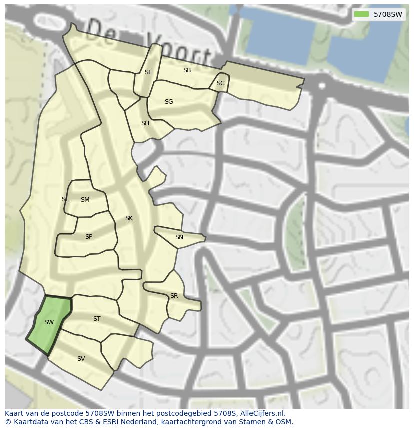 Afbeelding van het postcodegebied 5708 SW op de kaart.