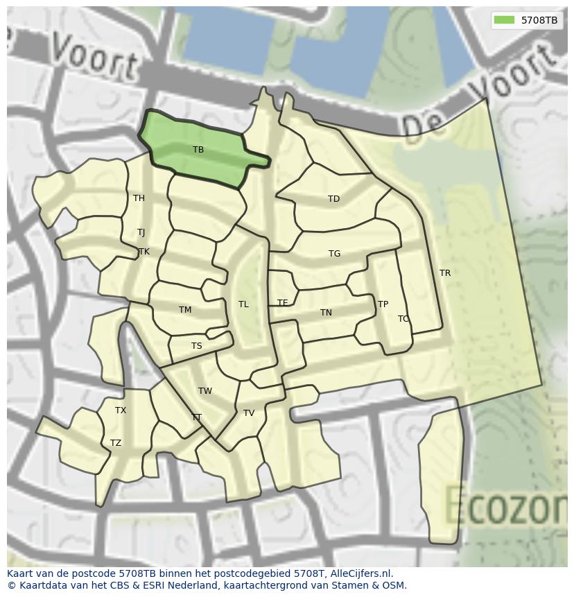 Afbeelding van het postcodegebied 5708 TB op de kaart.