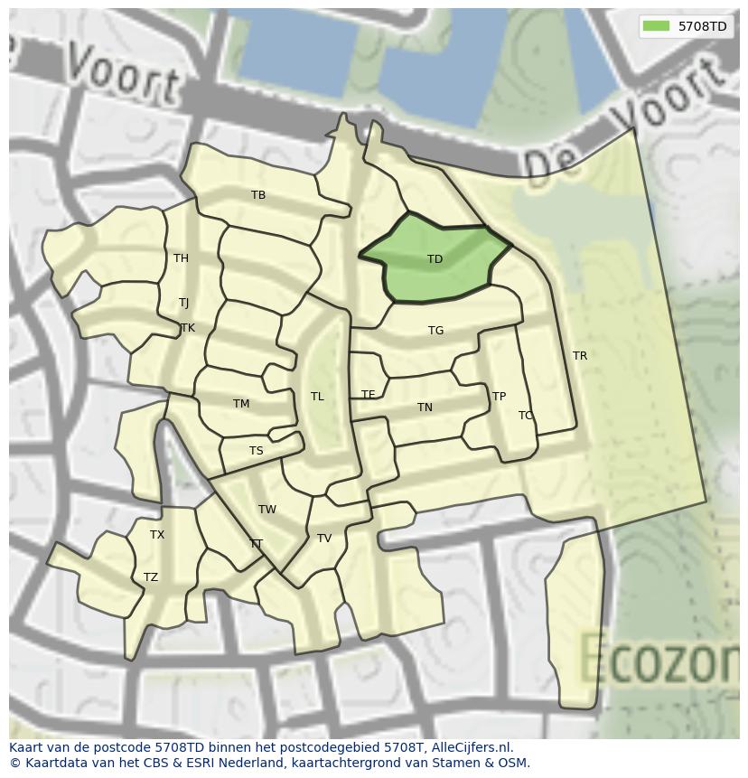Afbeelding van het postcodegebied 5708 TD op de kaart.